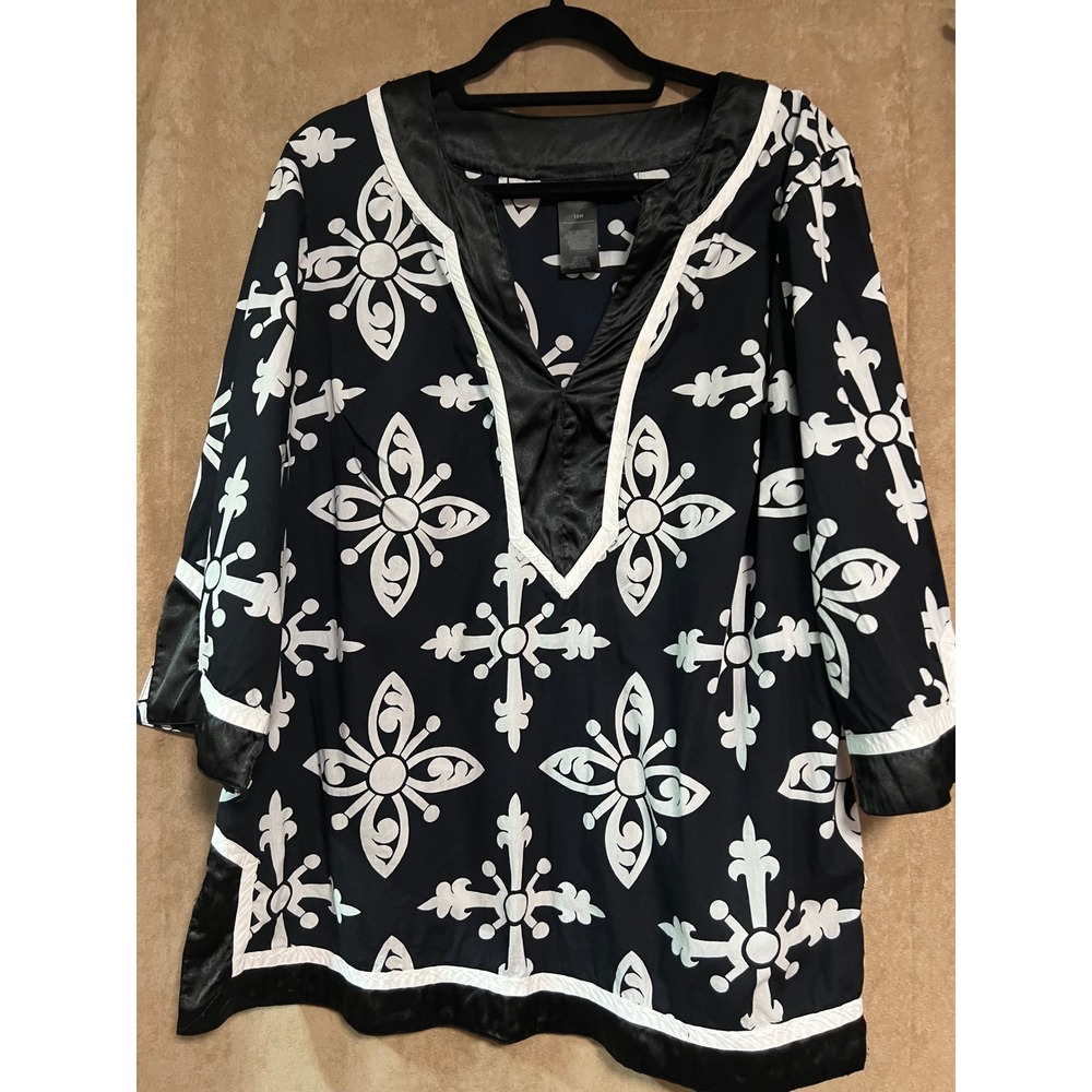 Style & Co Woman Black White Medallion Satin Trim Cotton Tunic Top Plus 16W